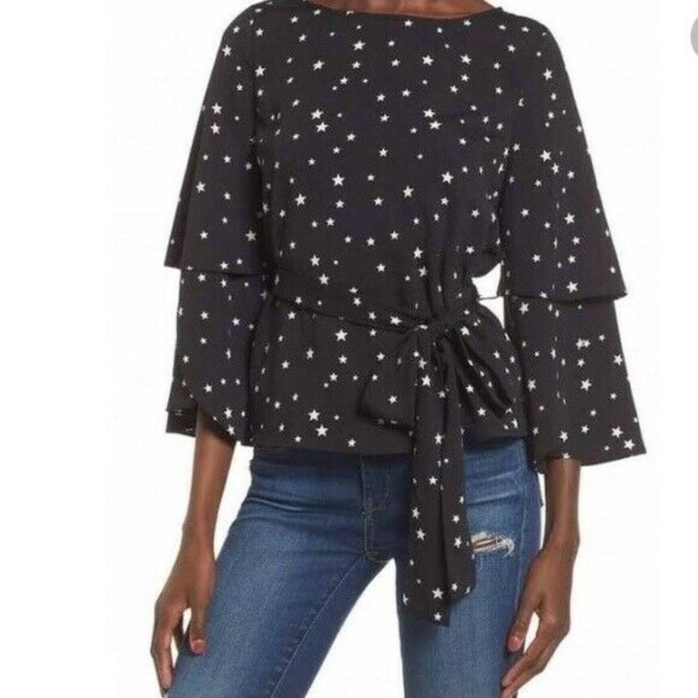 J.O.A. Black White Stars Bell Sleeve Top